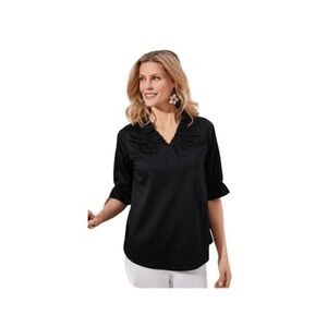 Soft Surroundings Women's M Black V-Neck Ruffled Blouse 3/4 Sleeve New with Tags
